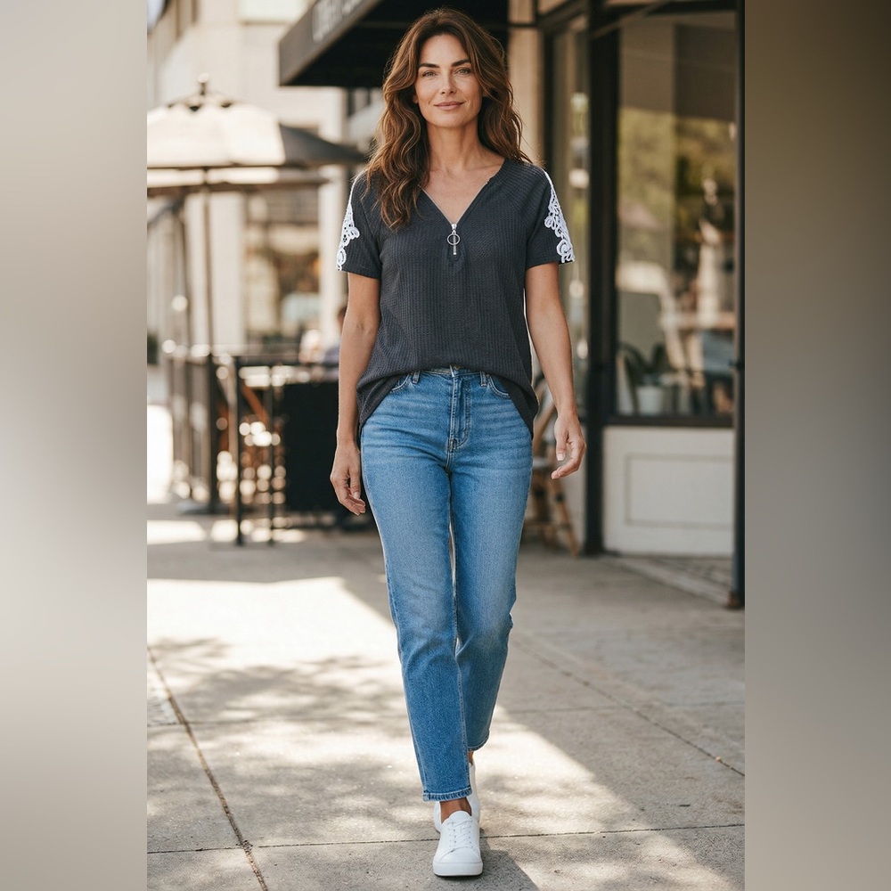 Black Short-Sleeve Zip Front Top with Lace Detail